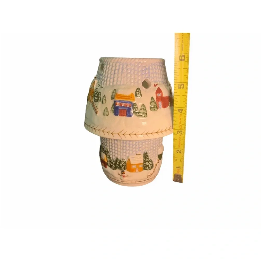 Winter Village Scene votive candle holder with shade Russ Berrie